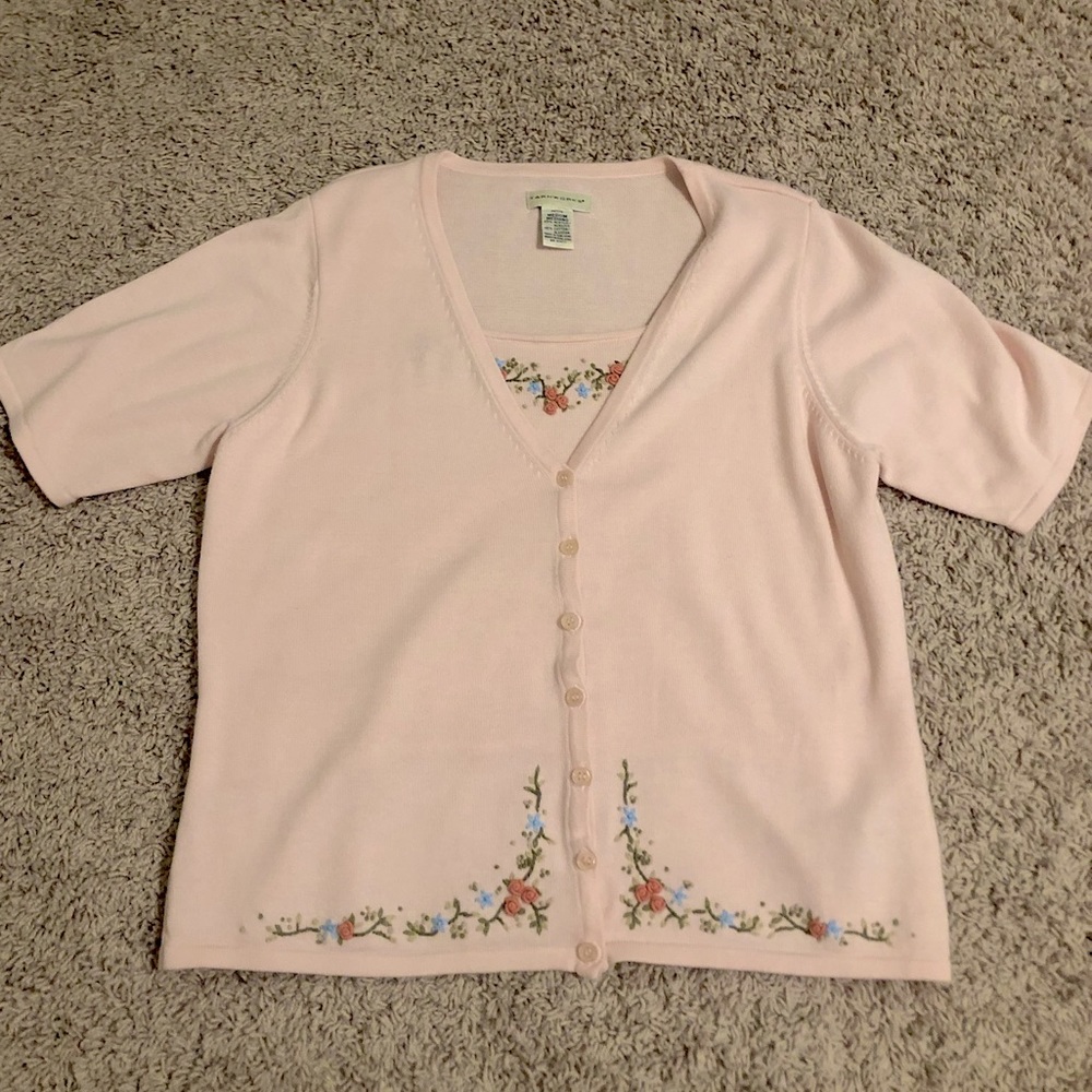 Vintage Cardigan W/ Embroidered Flowers & Built-In Tank (Second-Hand)